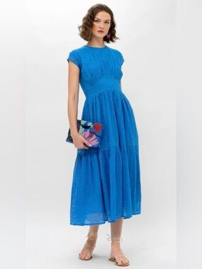 Oliphant Cap Sleeve Lined Midi Dress in Delray Blue, size Medium